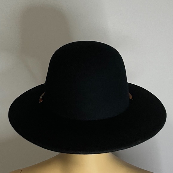 NWT black felt wide brim boho glam Brixton hat with brown suede drawstring tie. main image 4